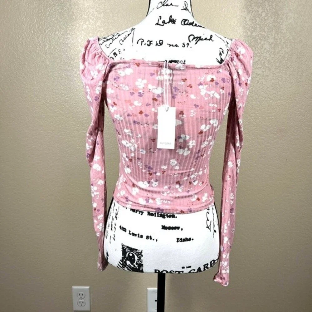 Antistar Pink top White floral  print long sleeve front ruched crop top size S